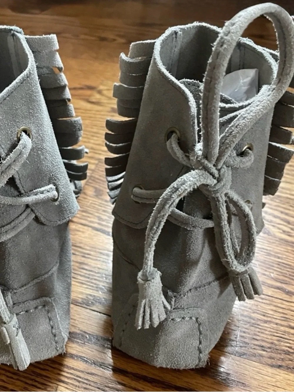 Boho J. CREW Moccasins SIENNA Shoes Suede Leather Vintage Gray Fringed Size 7.5